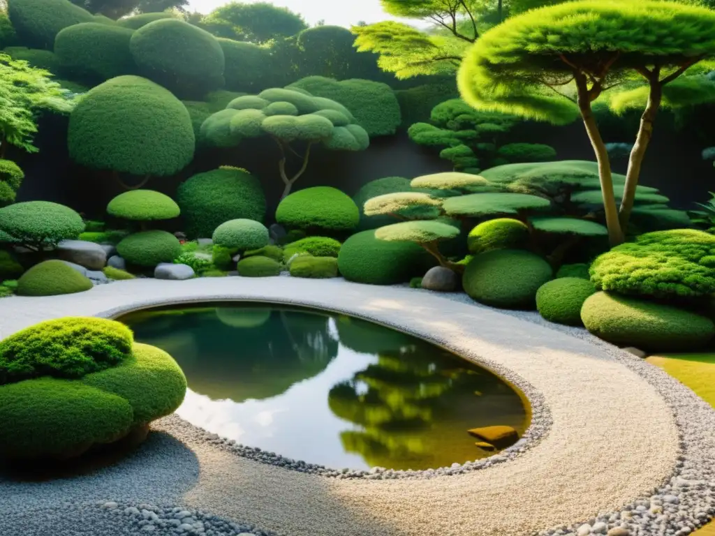 Un jardín japonés sereno y perfectamente simétrico con rocas y un estanque tranquilo, reflejando el verde circundante