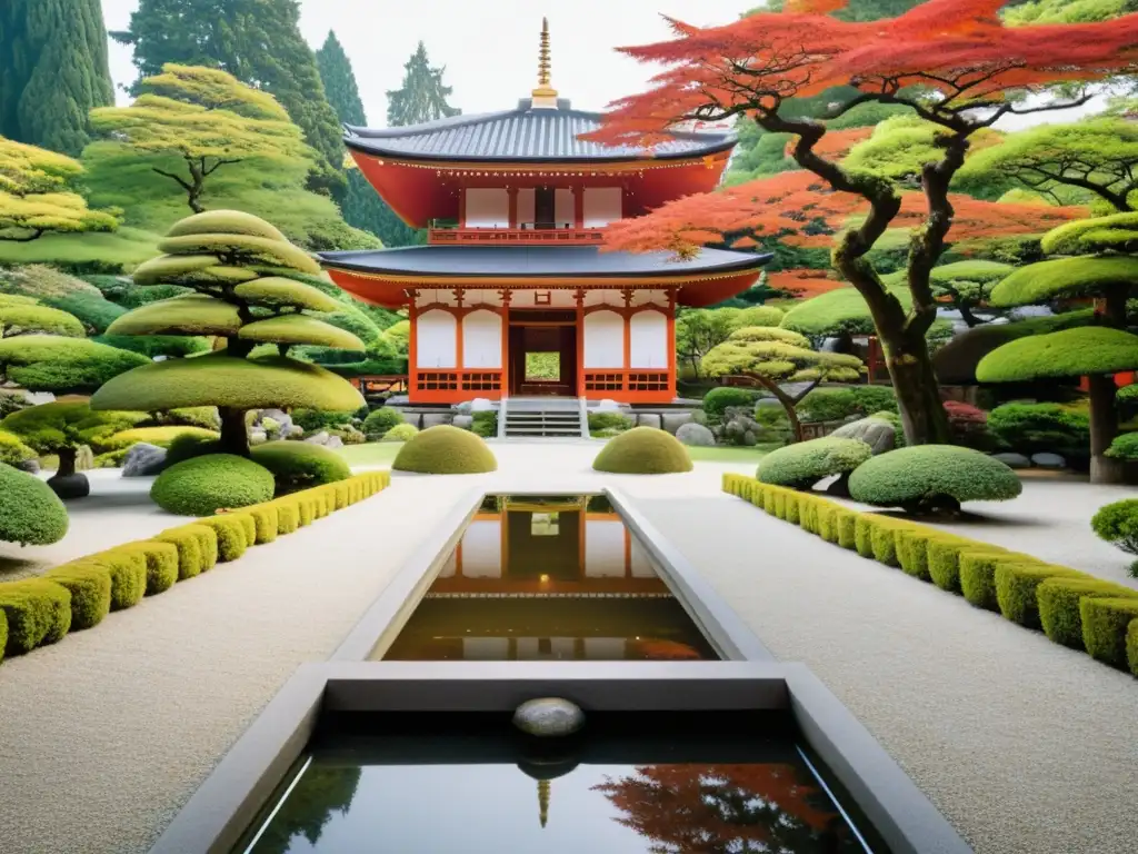 Jardín japonés sereno con templo de madera tradicional y patrones de grava, reflejados en estanque