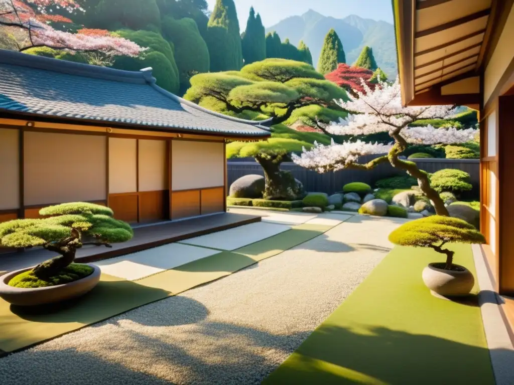 Un jardín japonés sereno con árboles bonsái, casa de té tradicional y montañas neblinosas al fondo, integrando el Feng Shui en arquitectura