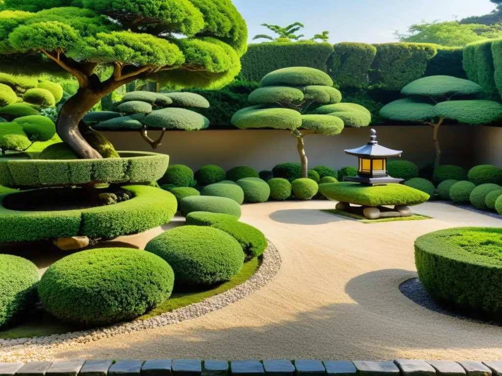 Un jardín japonés tranquilo con arbustos podados para el Feng Shui