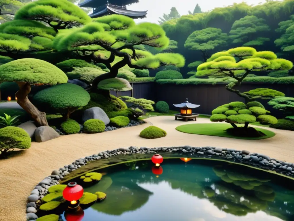 Jardín japonés tranquilo con bonsáis y paisaje armonioso, reflejando calma y equilibrio Feng Shui selección árboles arbustos