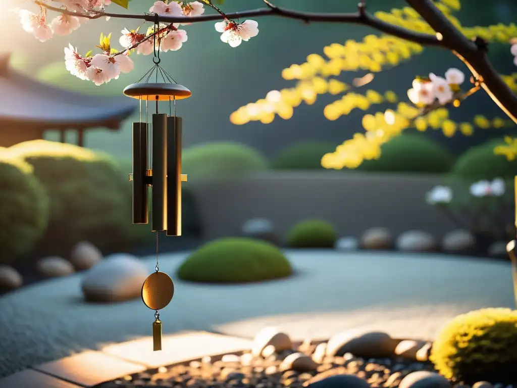 Un jardín japonés tranquilo con una delicada campana de viento colgando de un cerezo en flor al atardecer