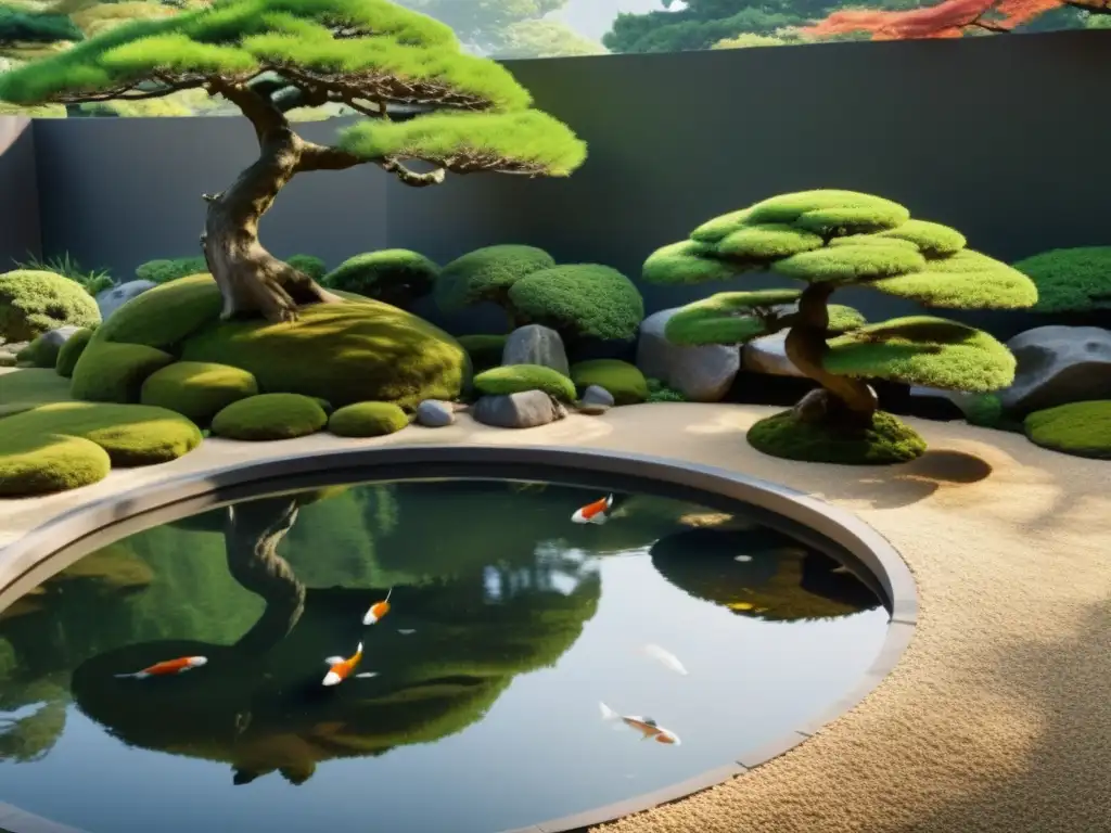 Un jardín japonés tranquilo con elementos de Feng Shui en templos y jardines, incluyendo koi, bonsáis y piedras