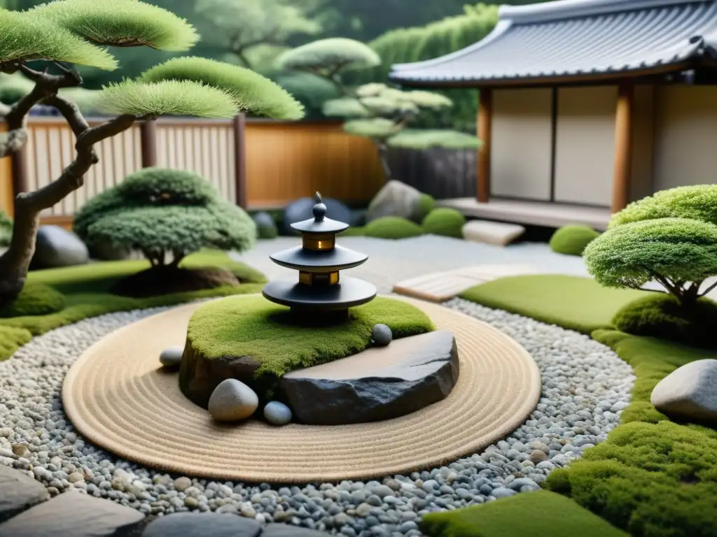 Jardín japonés tranquilo con Feng Shui, equilibrio y protección, rodeado de vegetación exuberante y una valla de madera simple