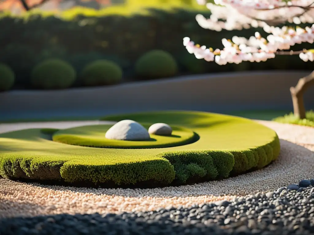 Un jardín japonés tranquilo en transición estacional, con árboles de cerezo en flor y una cuidadosa composición