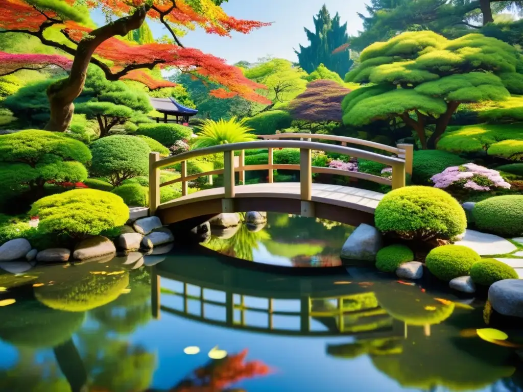 Un jardín japonés tranquilo con un estanque que refleja la exuberante vegetación y flores coloridas