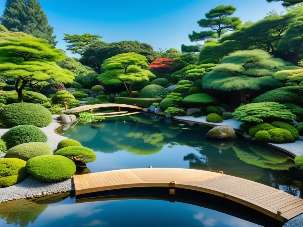 Un jardín japonés tranquilo con un pequeño estanque, reflejando la exuberante vegetación y el cielo azul, ideal para Espejos para energizar jardines