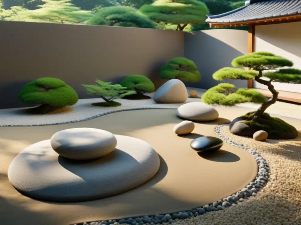 Feng Shui para jardines exteriores: Jardín japonés tranquilo con rocas, gravilla y bonsáis, bañado por la suave luz de la tarde