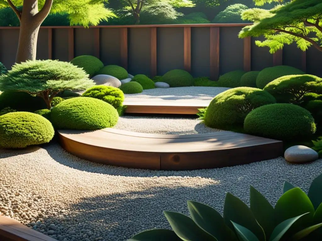 Un jardín japonés tranquilo con rocas y gravilla, rodeado de exuberante vegetación y un puente de madera