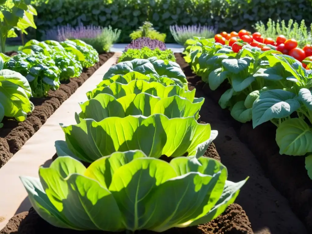 Un jardín armonizado con filas de plantas comestibles y hierbas, bañado por la luz del sol