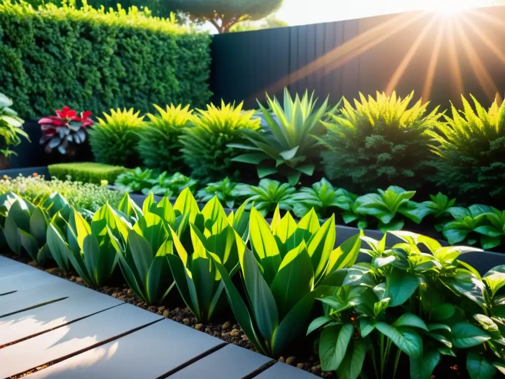 Un jardín casero exuberante y armonioso, con plantas vibrantes y luz dorada filtrándose entre las hojas