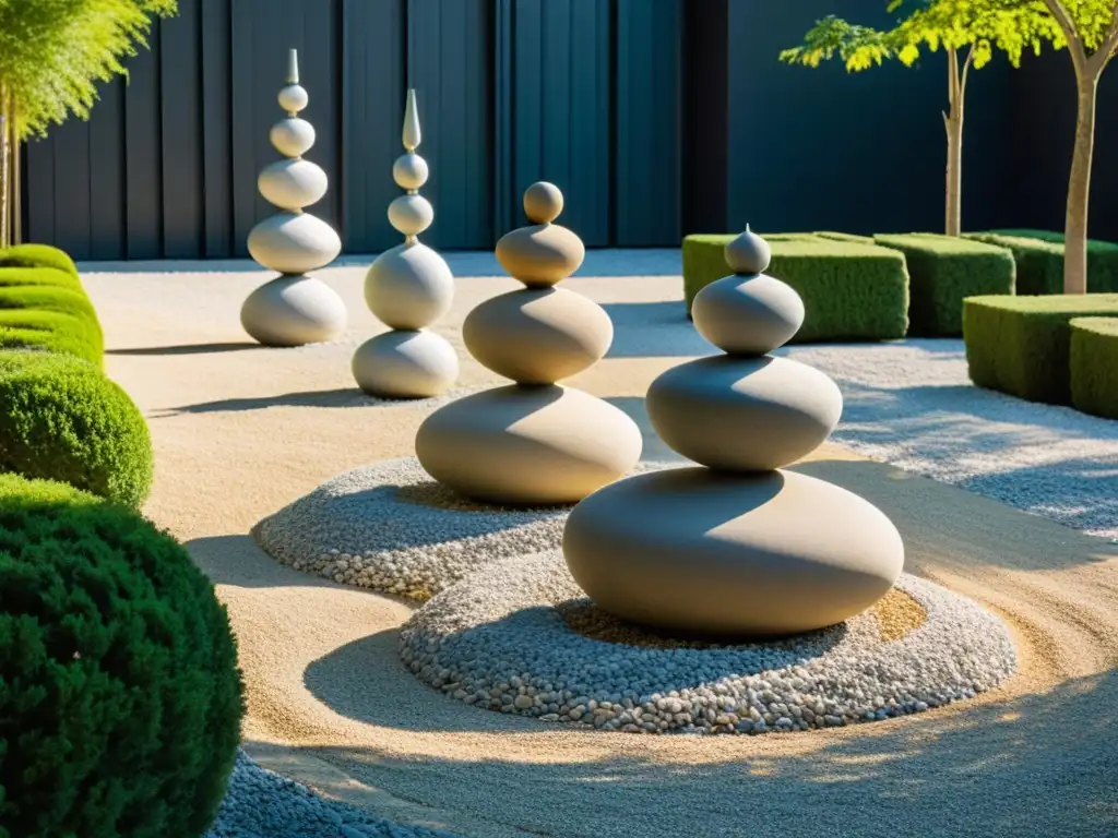 Un jardín de esculturas públicas en Feng Shui, con representaciones de los cinco elementos