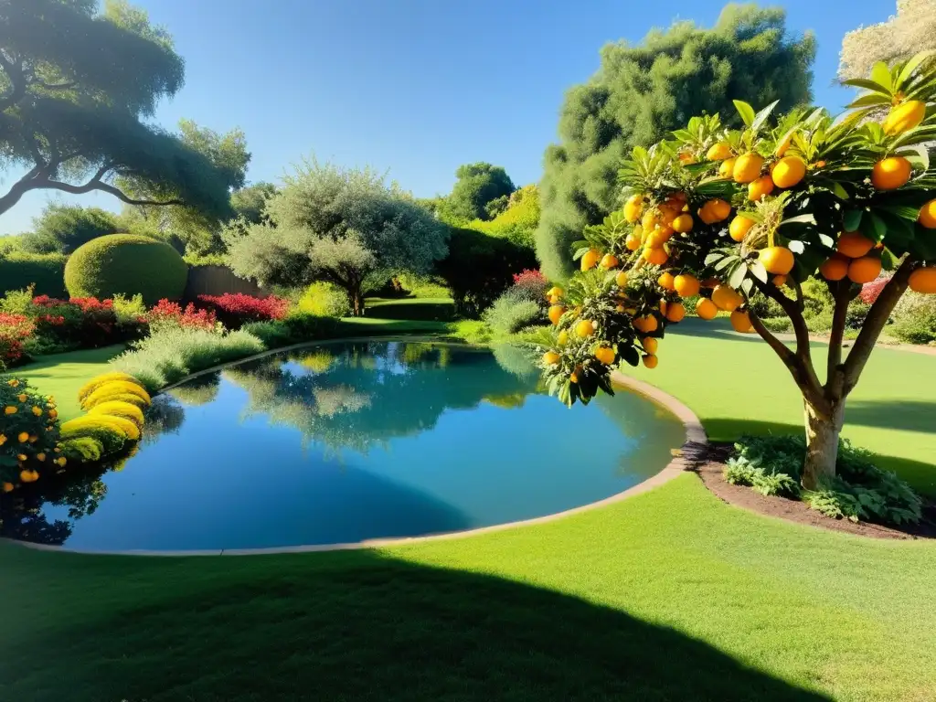 Un jardín exuberante y vibrante con árboles frutales maduros de naranjas, limones y granadas