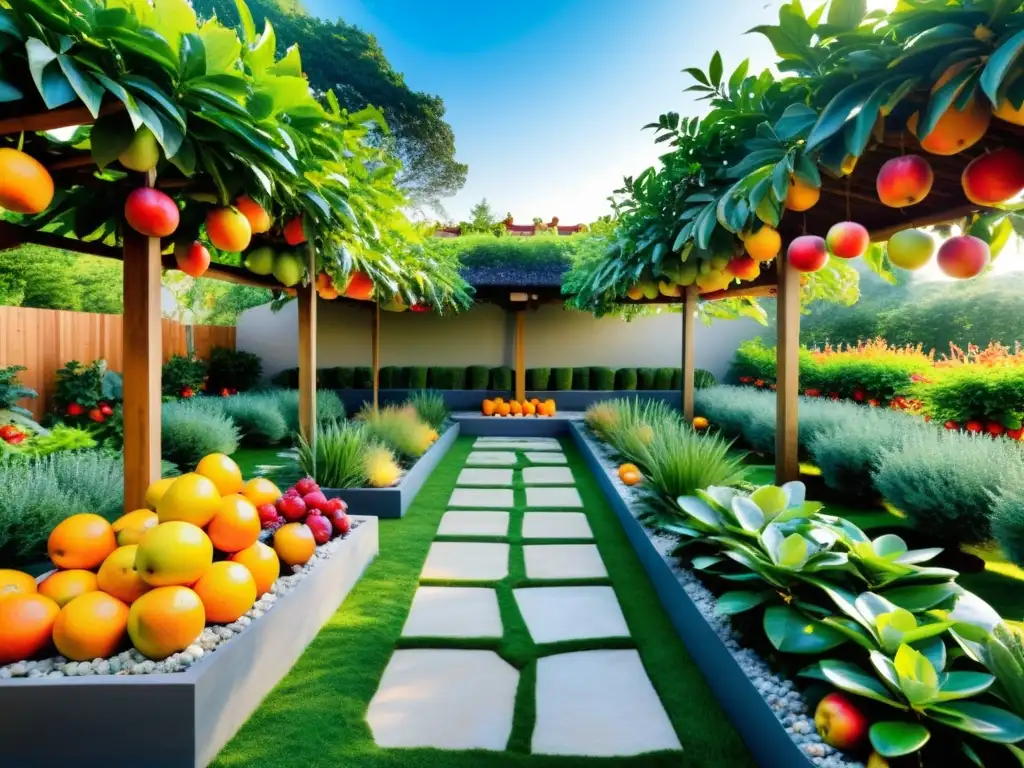 Un jardín exuberante y vibrante, con frutas coloridas y maduritas, rodeado de elementos armoniosos de feng shui