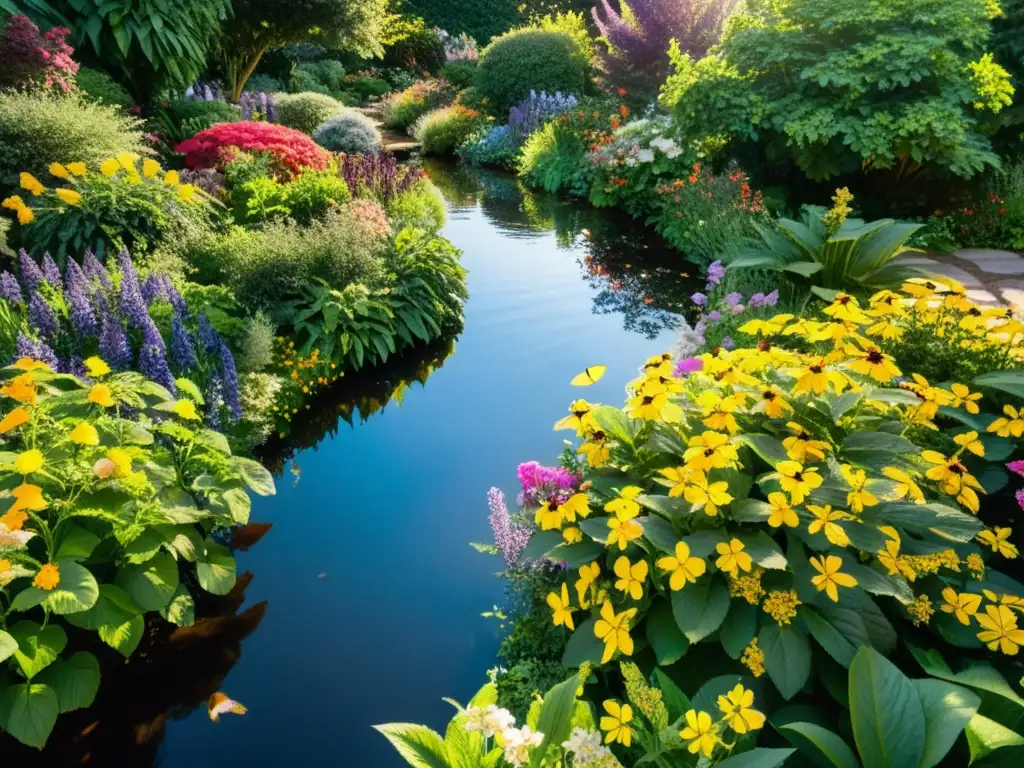 Un jardín exuberante y vibrante, lleno de flores coloridas, abejas y mariposas