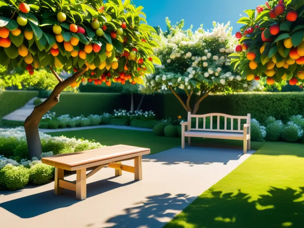 Un jardín sereno con árboles frutales, flores vibrantes y una fuente de agua