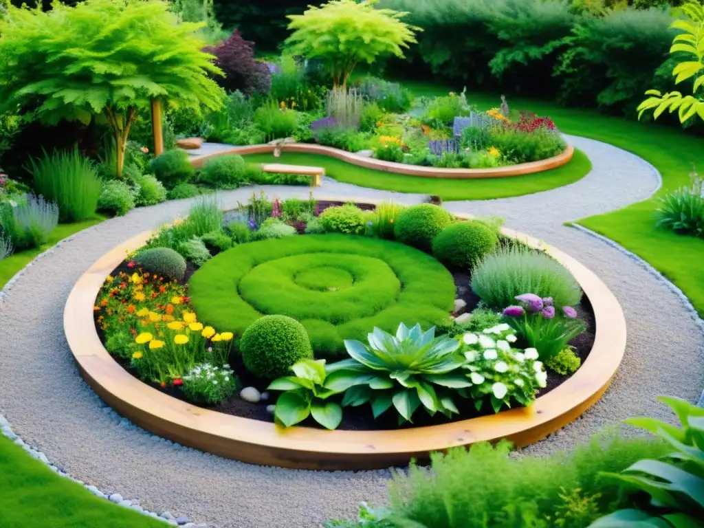 Un jardín sereno con camas de permacultura y senderos, incorporando elementos naturales y principios del Feng Shui para la permacultura doméstica