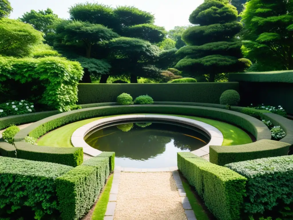 Un jardín sereno con Feng Shui: cuidados arbustos y árboles, un banco de madera y un estanque reflejando la naturaleza