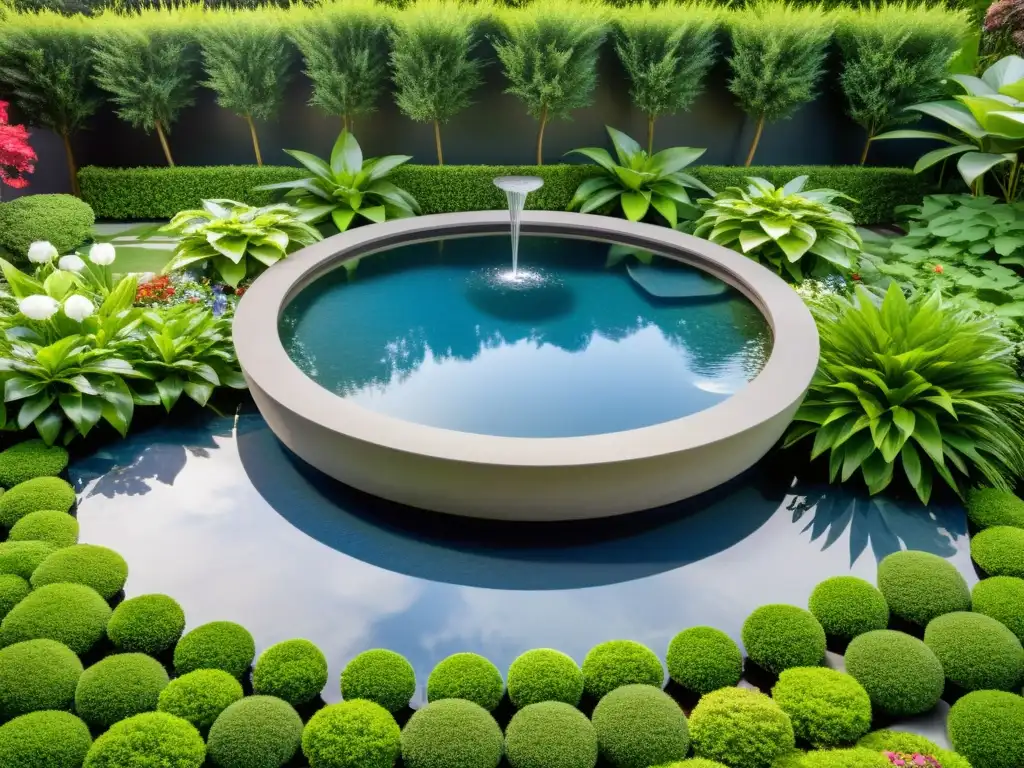 Un jardín sereno con un diseño meticuloso, un tranquilo elemento acuático en su centro y técnicas de riego feng shui para promover energía positiva