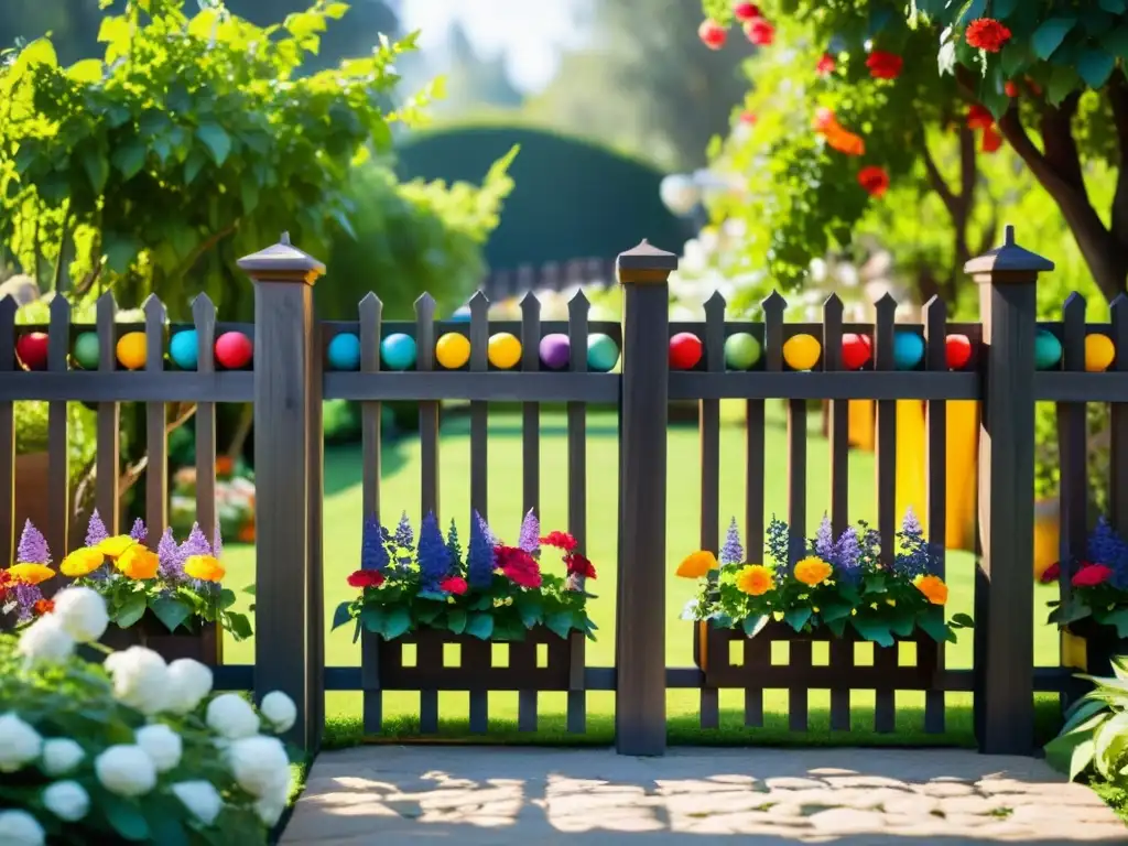 Un jardín sereno con enrejado tallado, flores coloridas y luz filtrándose a través de las hojas, protegiendo el espacio sin bloquear energía