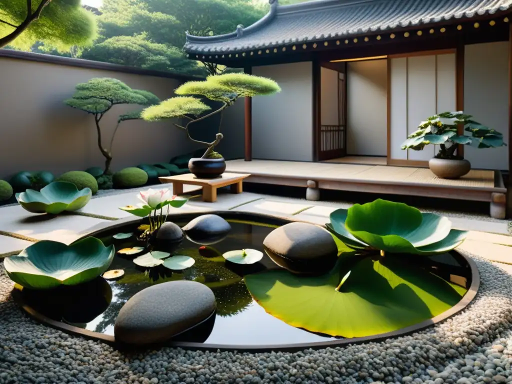 Un jardín sereno en un entorno de arquitectura china tradicional, con rocas, estanque, puente de madera y bonsáis