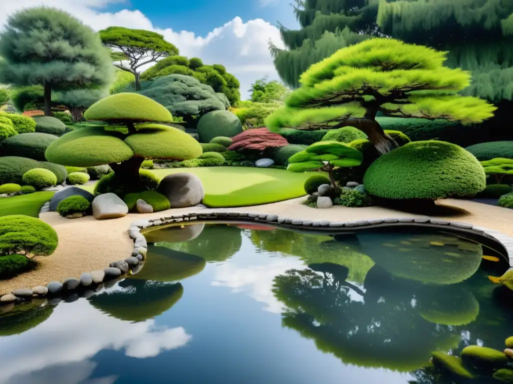 Un jardín sereno y equilibrado con rocas, estanque y bonsáis, reflejando las técnicas de jardinería ecológica Feng Shui