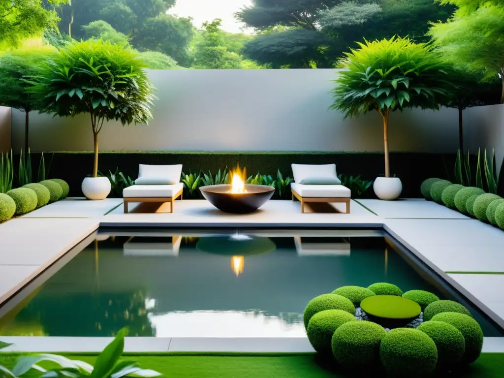 Un jardín sereno y minimalista con mobiliario según Feng Shui, agua tranquila y vegetación exuberante