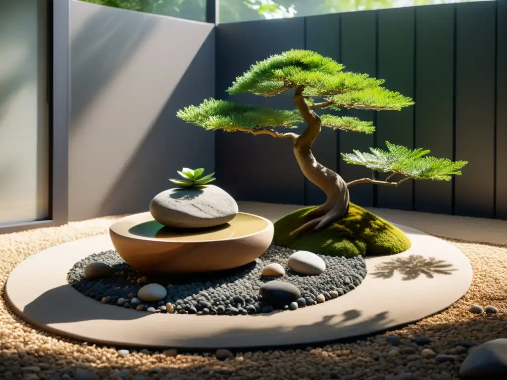 Un jardín sereno y minimalista con rocas cuidadosamente dispuestas, un pequeño estanque tranquilo y un delicado árbol bonsái rodeado de grava