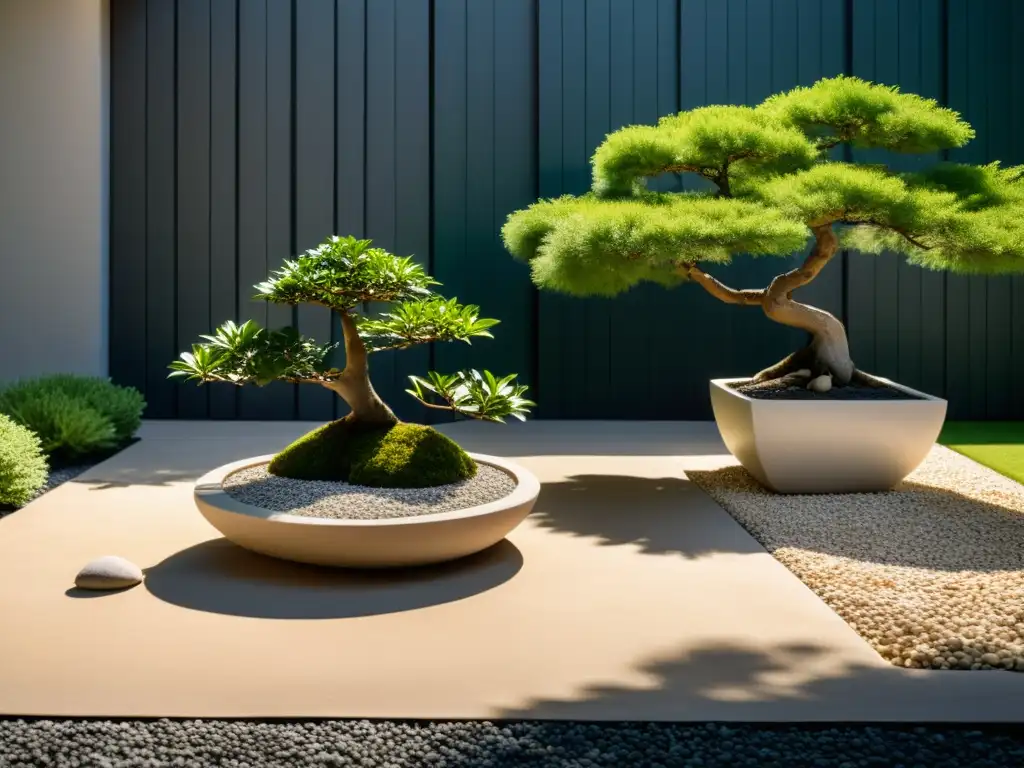 Un jardín sereno y minimalista con rocas cuidadosamente dispuestas, un pequeño estanque y un bonsái en maceta