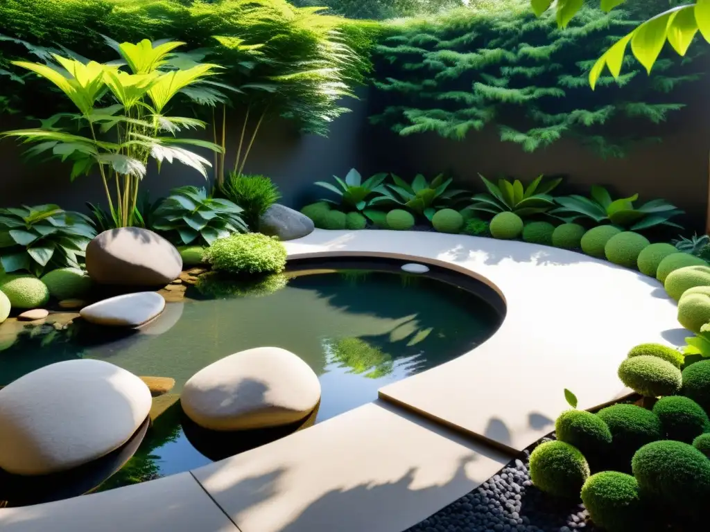 Un jardín sereno y minimalista con rocas cuidadosamente dispuestas, un tranquilo estanque y exuberante vegetación, mejorando el Feng Shui en el jardín