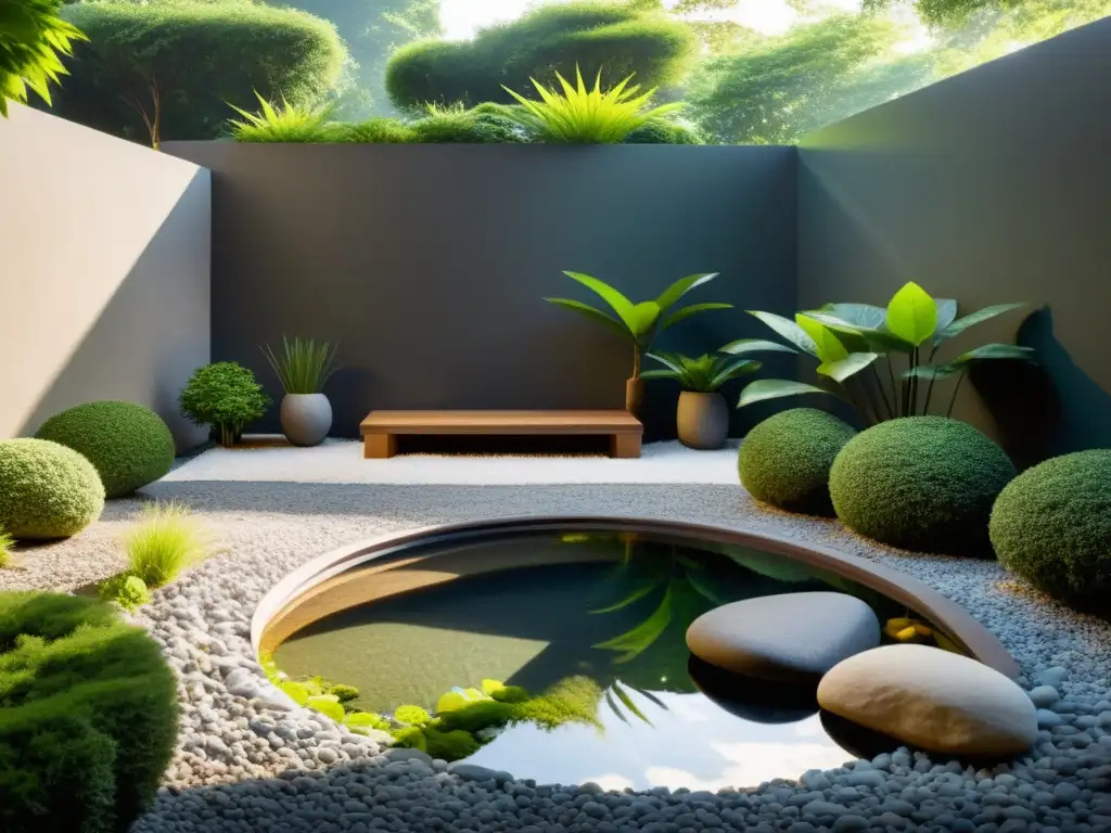 Un jardín sereno y minimalista con rocas, un pequeño estanque y exuberante vegetación, evocando armonía y equilibrio