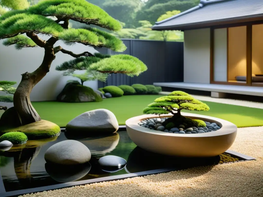 Un jardín sereno y minimalista con rocas, estanque, bonsáis y vegetación exuberante, bañado en luz natural