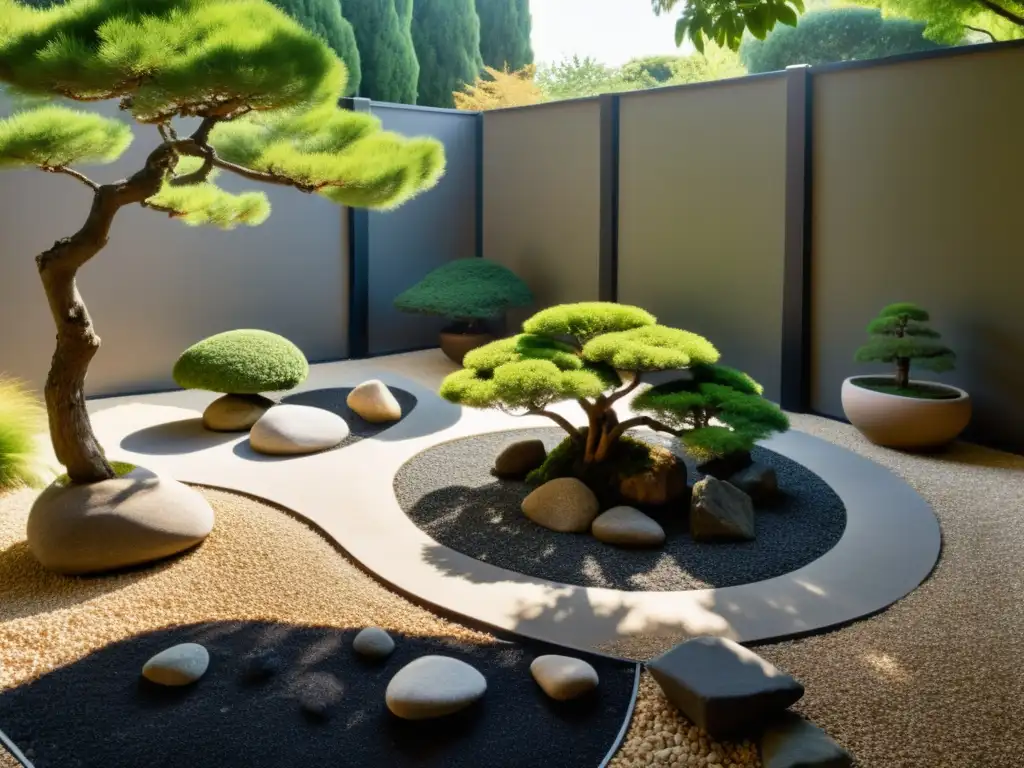 Un jardín sereno y minimalista con rocas, estanque y bonsáis