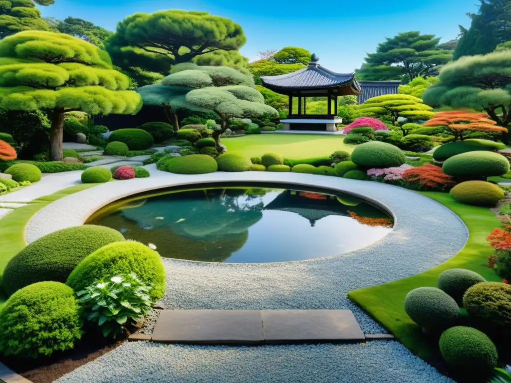 Un jardín sereno y minimalista con senderos de grava entre flores coloridas y un estanque tranquilo