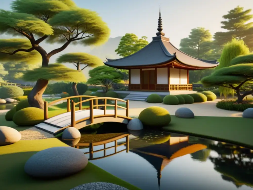 Un jardín sereno en Feng Shui con un paisaje tranquilo, un puente, una pagoda elegante y formas arquitectónicas en Feng Shui