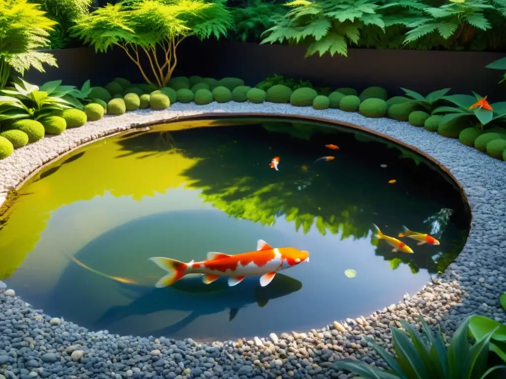 Un jardín sereno con un pequeño estanque reflejando la vegetación