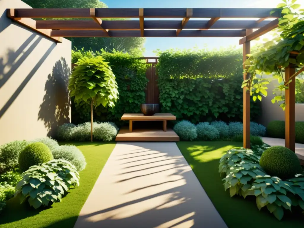 Un jardín sereno con una pérgola de madera adornada con enredaderas, piedras y una pequeña característica de agua