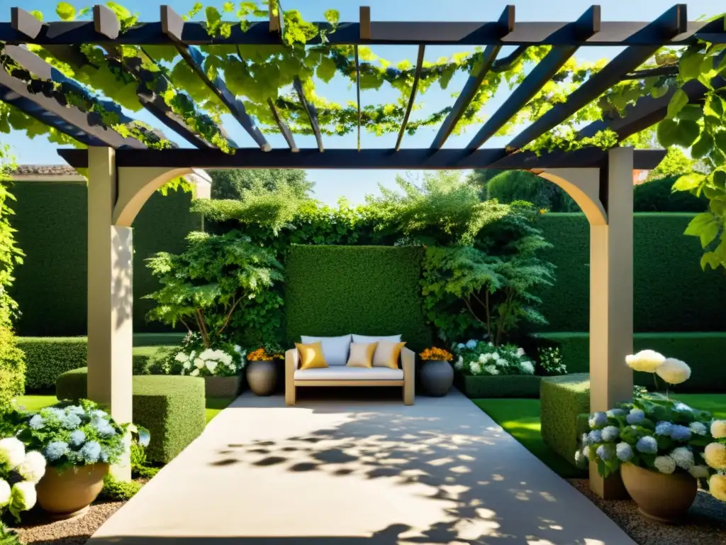 Un jardín sereno con una pérgola perfectamente simétrica, aplicando Feng Shui en pérgolas