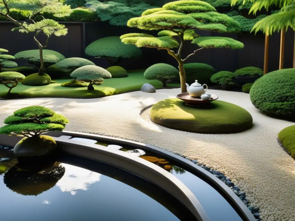 Un jardín sereno con piedras y bonsáis, armonizado con Feng Shui adaptando jardín estaciones