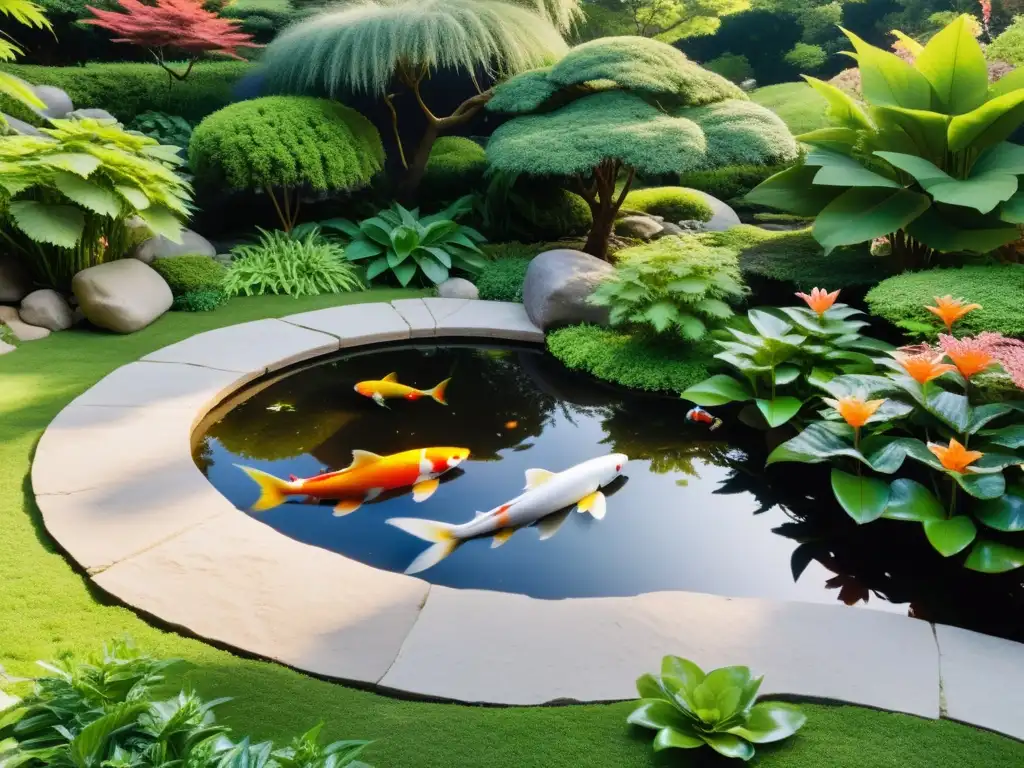 Un jardín sereno con plantas y animales, un estanque con peces koi y grullas reflejadas en el agua