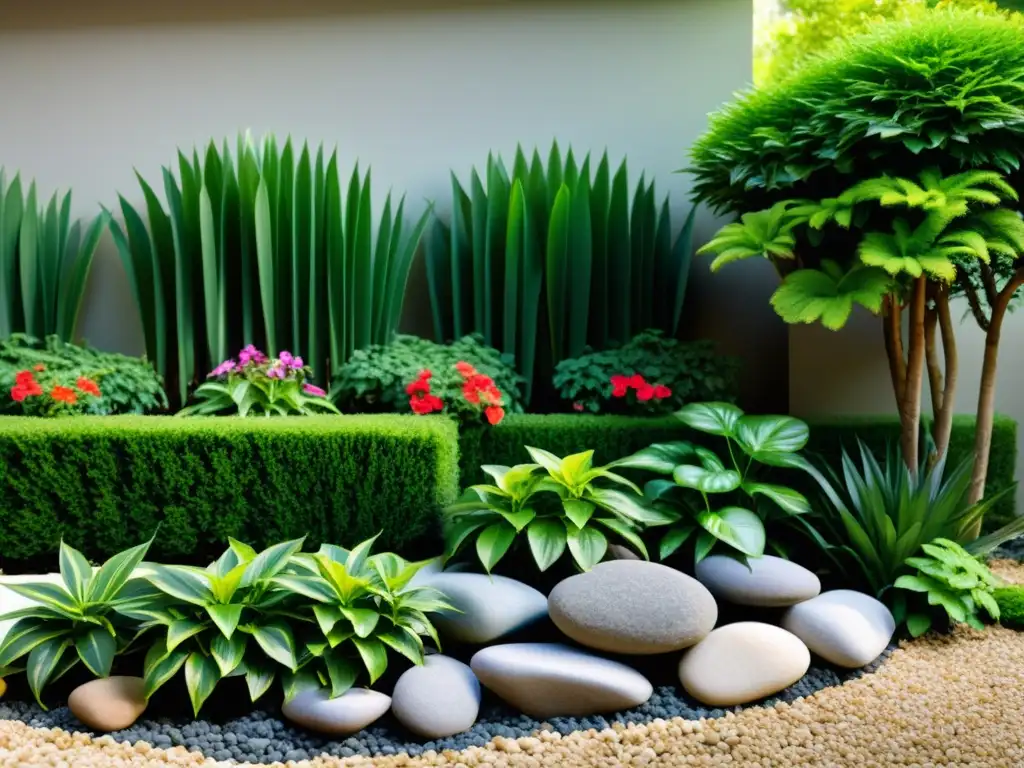 Un jardín sereno con plantas purificadoras Feng Shui, luz filtrada entre hojas, armonía y equilibrio