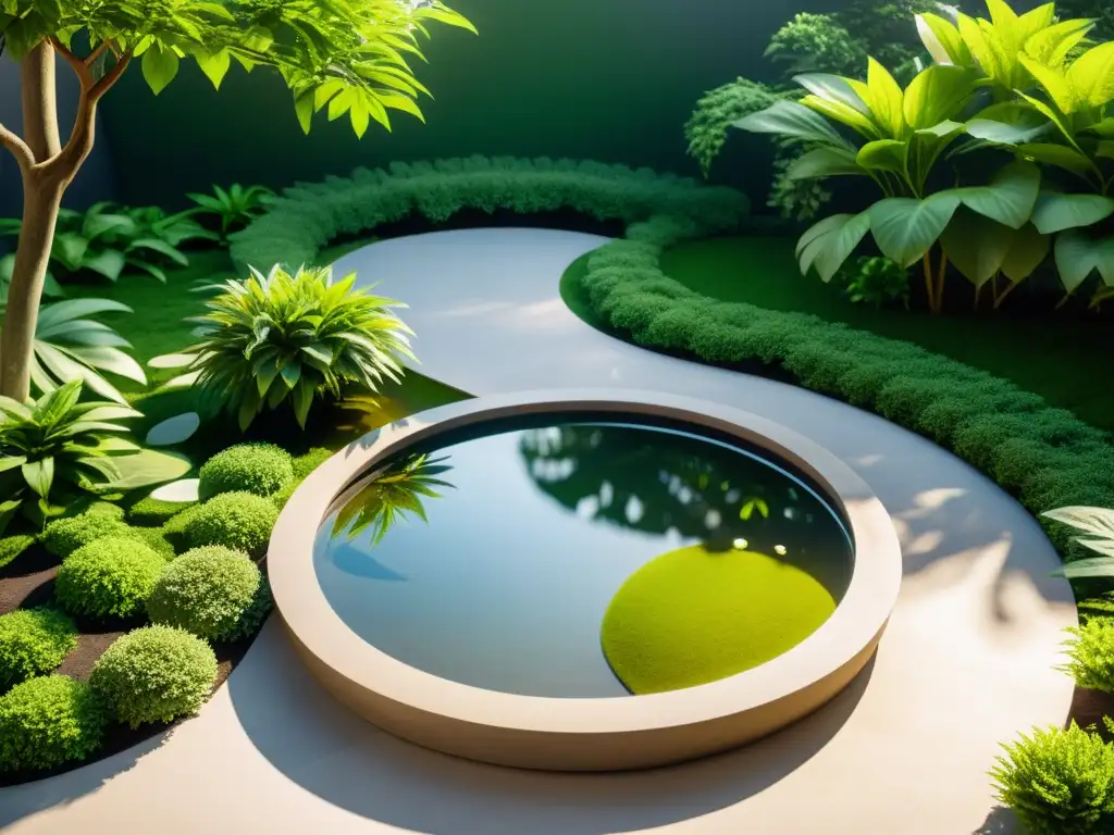 Un jardín sereno con plantas purificadoras Feng Shui en un arreglo equilibrado, filtrando la luz del sol entre las hojas