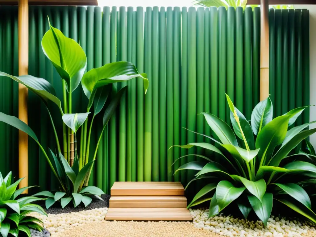 Un jardín sereno con plantas purificadoras Feng Shui en armonía, bañado por suave luz natural