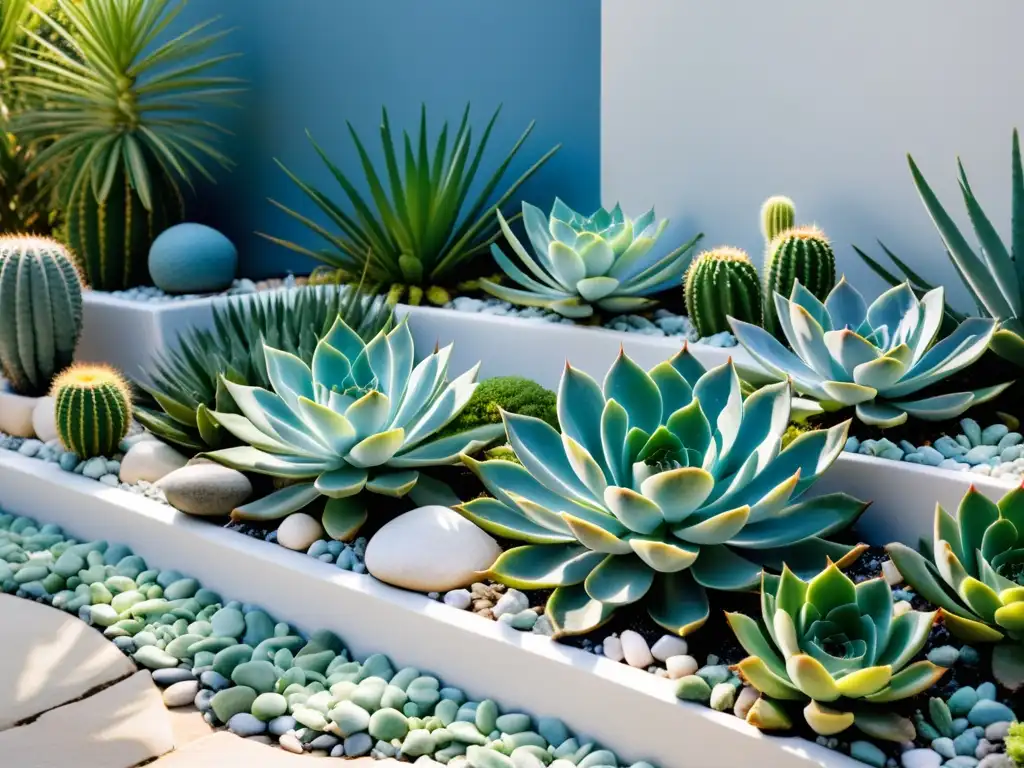 Un jardín sereno con plantas purificadoras para armonía exterior en tonos verdes y azules, sobre piedras blancas