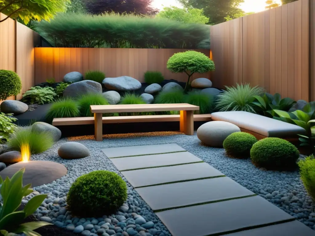 Un jardín sereno con rocas cuidadosamente dispuestas, un estanque y exuberante vegetación, bañados por la cálida luz del sol poniente