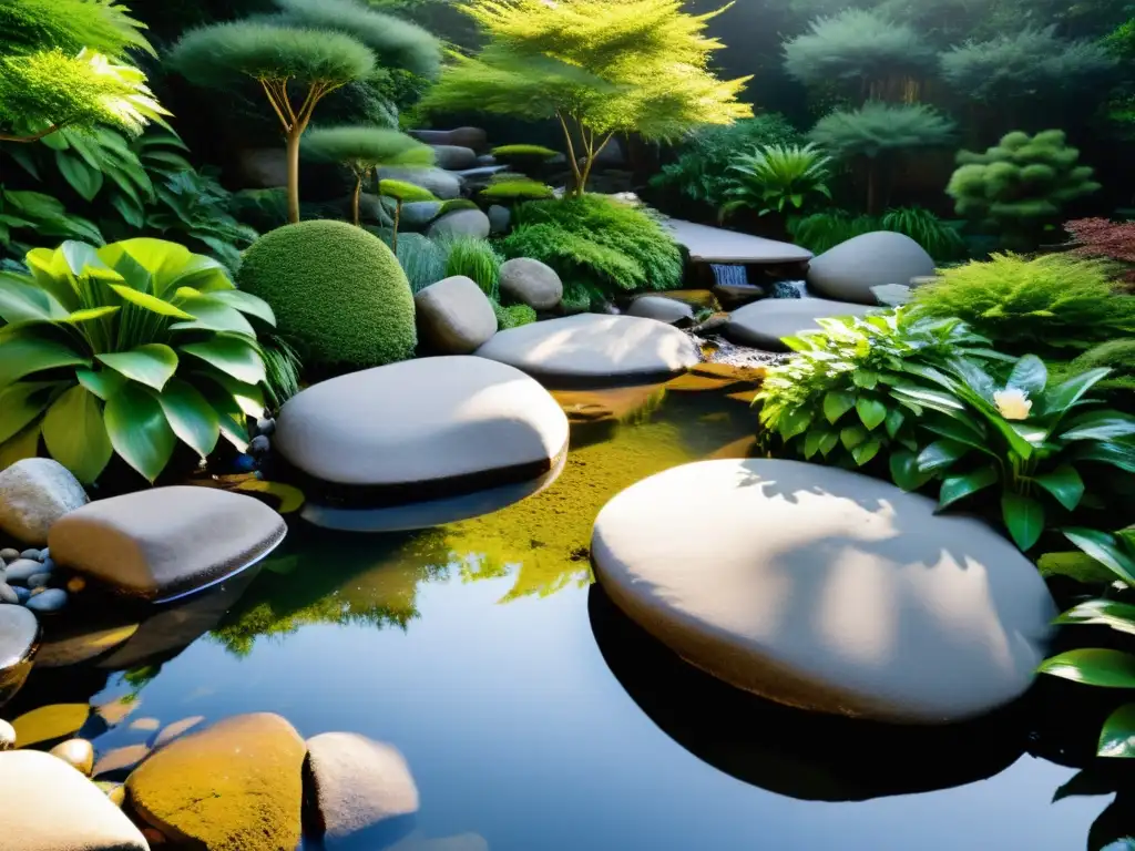 Un jardín sereno con rocas cuidadosamente dispuestas, un arroyo que fluye y exuberante vegetación, bañado en suave luz dorada