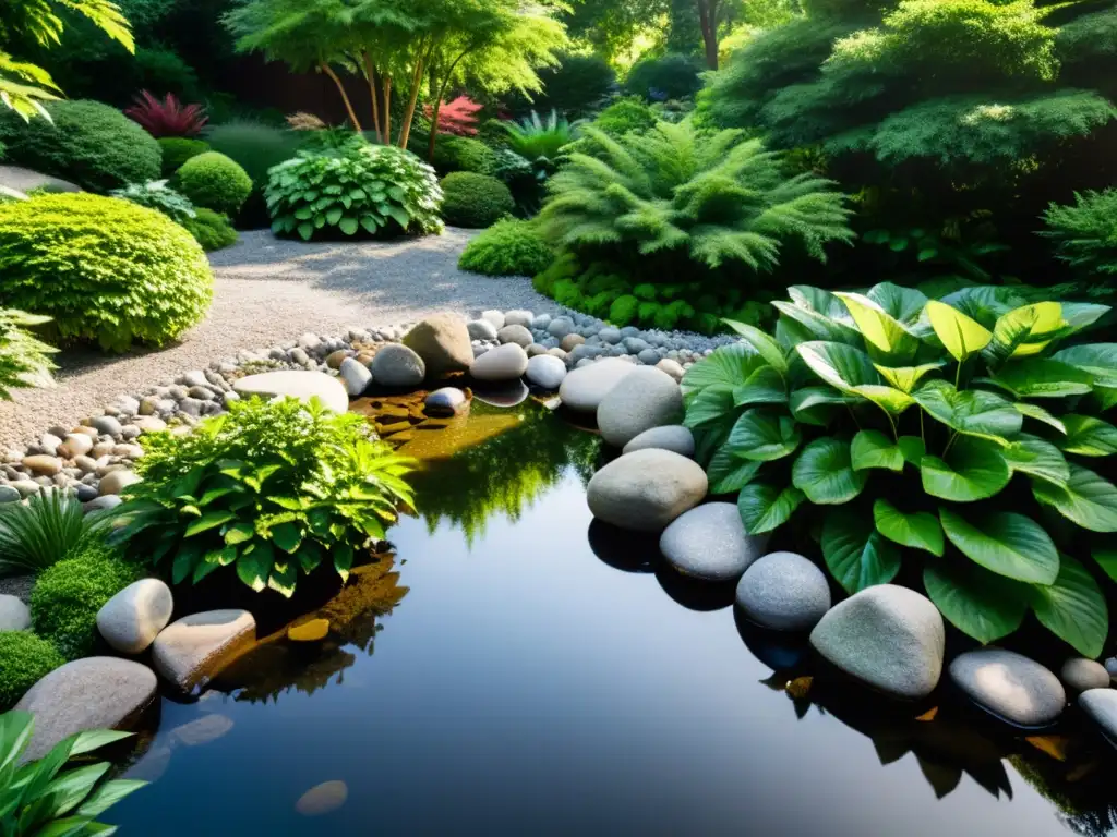 Un jardín sereno con rocas cuidadosamente dispuestas, un arroyo burbujeante y exuberante vegetación