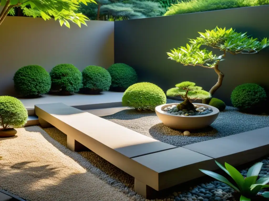 Un jardín sereno con rocas, estanque, bonsái y luz solar filtrada entre hojas, evocando el Feng Shui para la permacultura doméstica