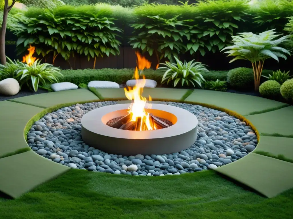 Un jardín sereno con una zona de fuego minimalista, rodeada de piedras, en armonía con el Feng Shui zona de fuego jardín