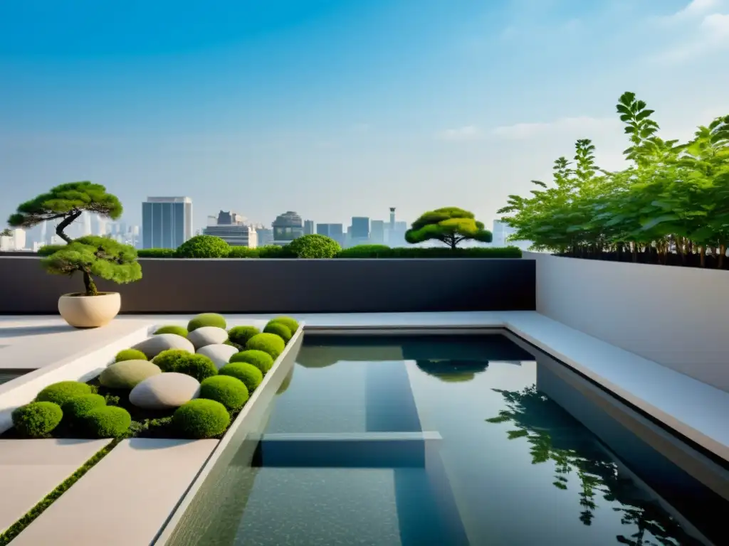 Un jardín de techos verdes armonización con rocas, bonsáis y un tranquilo estanque rodeado de arquitectura moderna